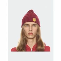 Cult Of Individuality Knit Hat With Oriole And Safety Yellow In Garnet Hats Red