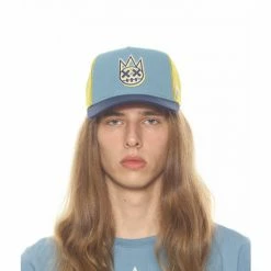 Cult Of Individuality Clean Logo Mesh Back Trucker Curved Visor With Blue Heaven Crown With Kiwi Peacoat Visor & Kiwi Colada Mesh Hats