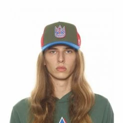 Cult Of Individuality Clean Logo Mesh Back Trucker Curved Visor With Duck Green Crown / Imperial Blue Visor/ Tomato Mesh Hats